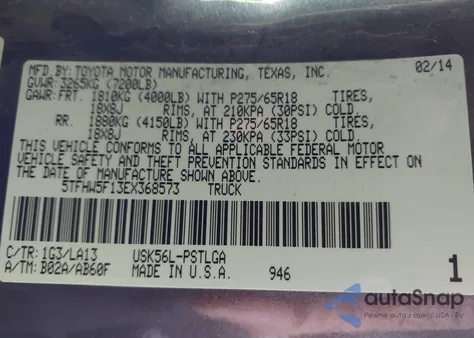 2014 Toyota Tundra Limited 5.7L V8 from USA, damaged, VIN 5TFHW5F13EX368573